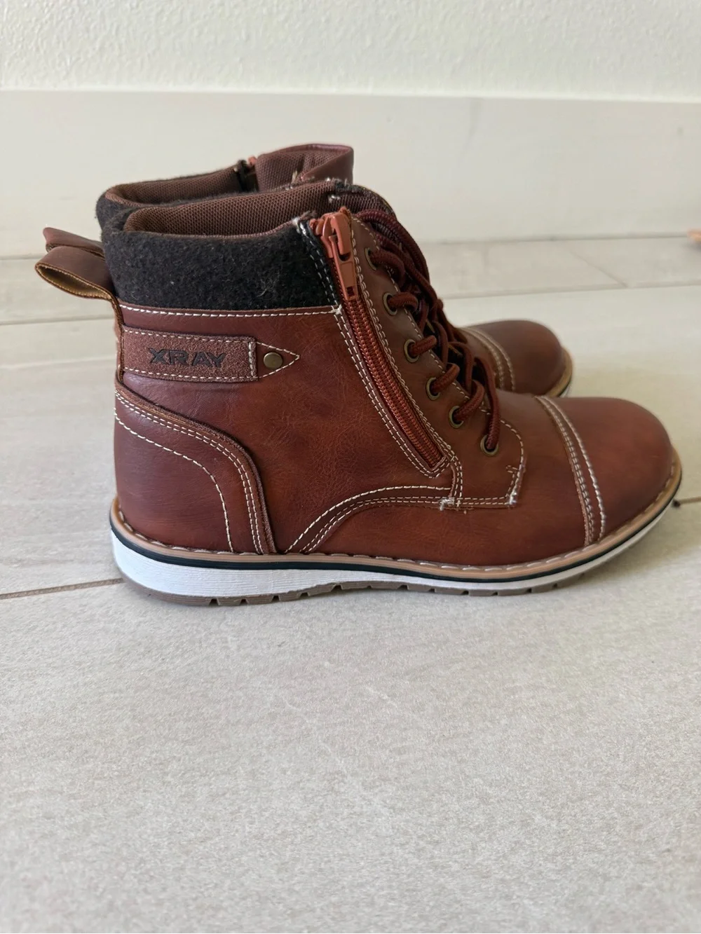 XRAY Boys Brown Combat Boots Side Zip Youth Size 7 NWOB